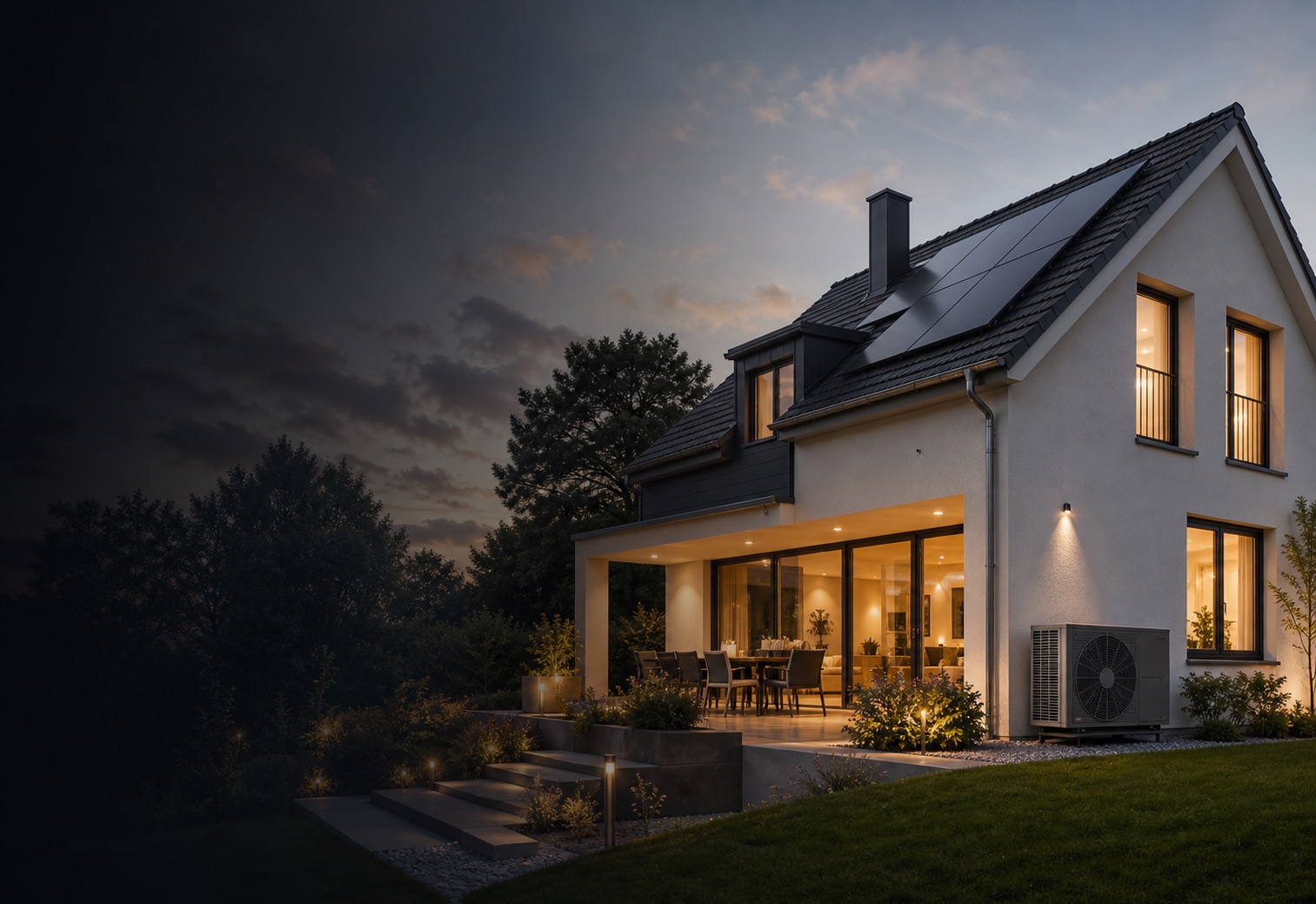 Modernisiertes Wohnhaus mit Wärmepumpe und Photovoltaik in der Dämmerung